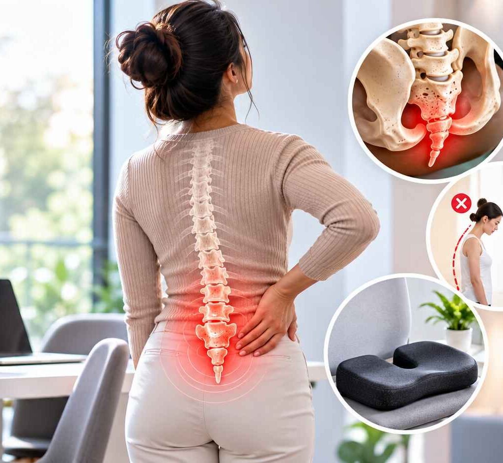 Poor posture and tailbone pain illustrated with coccyx anatomy, posture correction, and a tailbone relief cushion