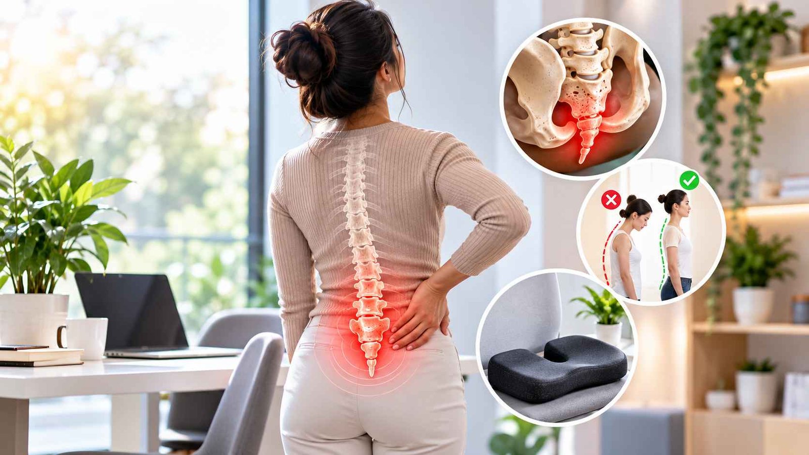 Poor posture and tailbone pain illustrated with coccyx anatomy, posture correction, and a tailbone relief cushion