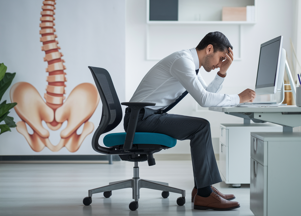 Tailbone pain when sitting for long hours caused by poor posture and prolonged desk work