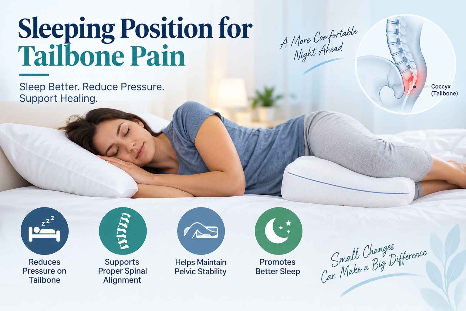 Side sleeping position with pillow support for tailbone pain