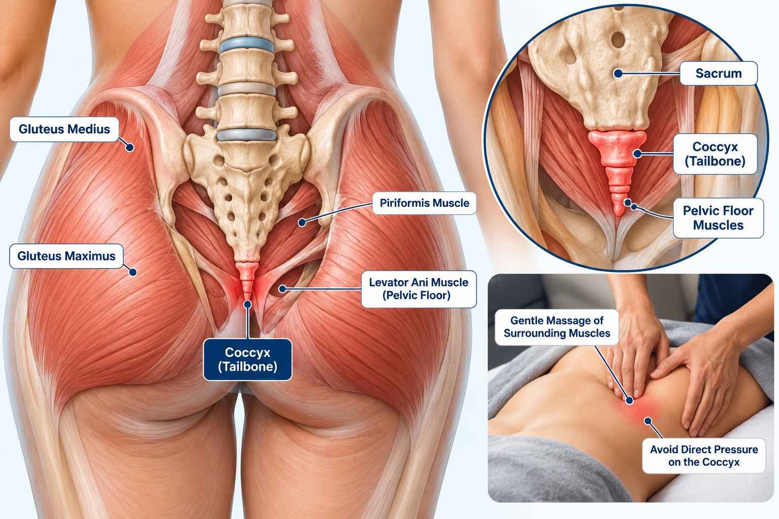 Tailbone massage anatomy showing the coccyx, gluteal muscles, and pelvic floor muscles