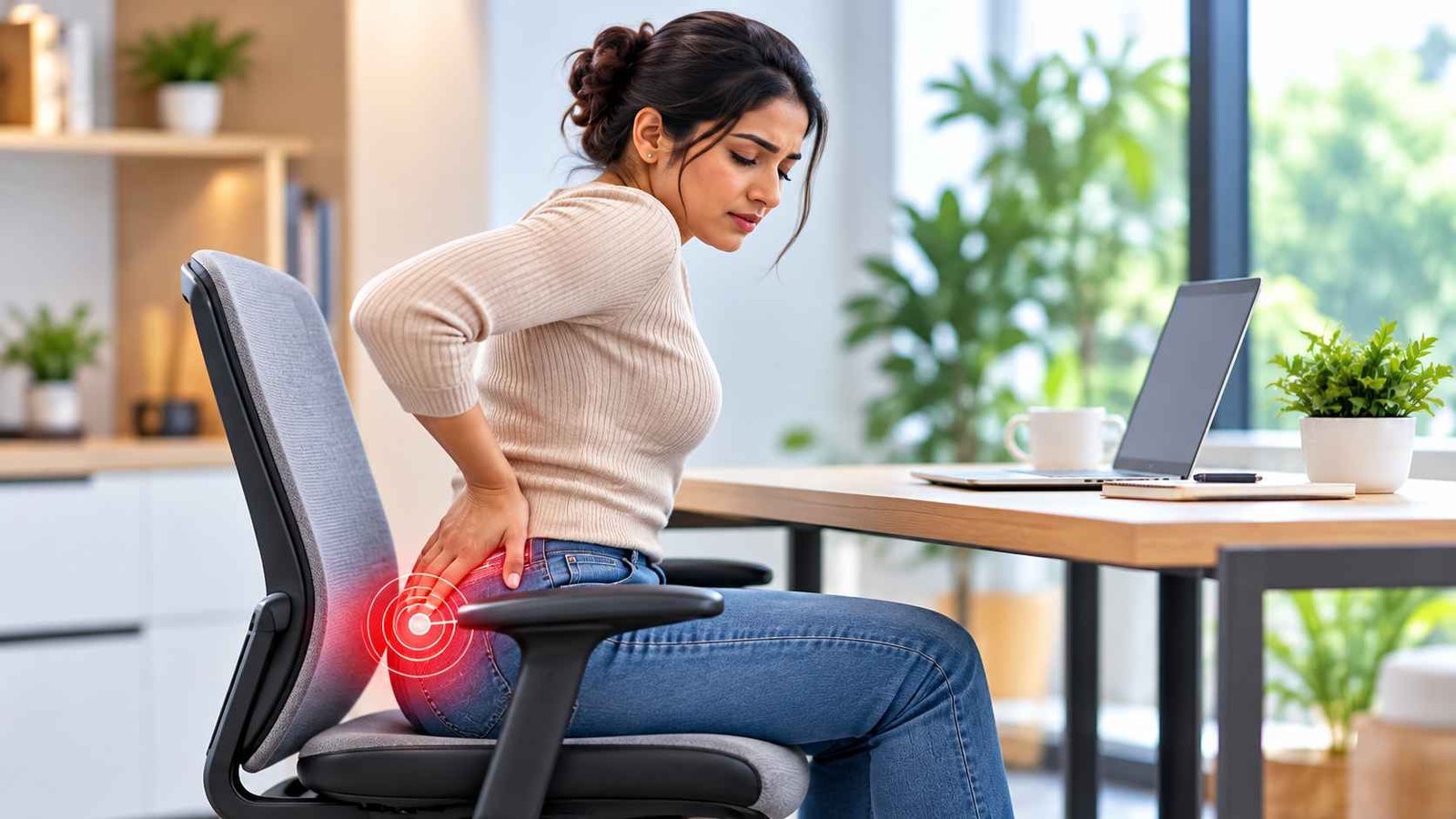 Poor posture and tailbone pain experienced by a woman sitting at a desk for long hours