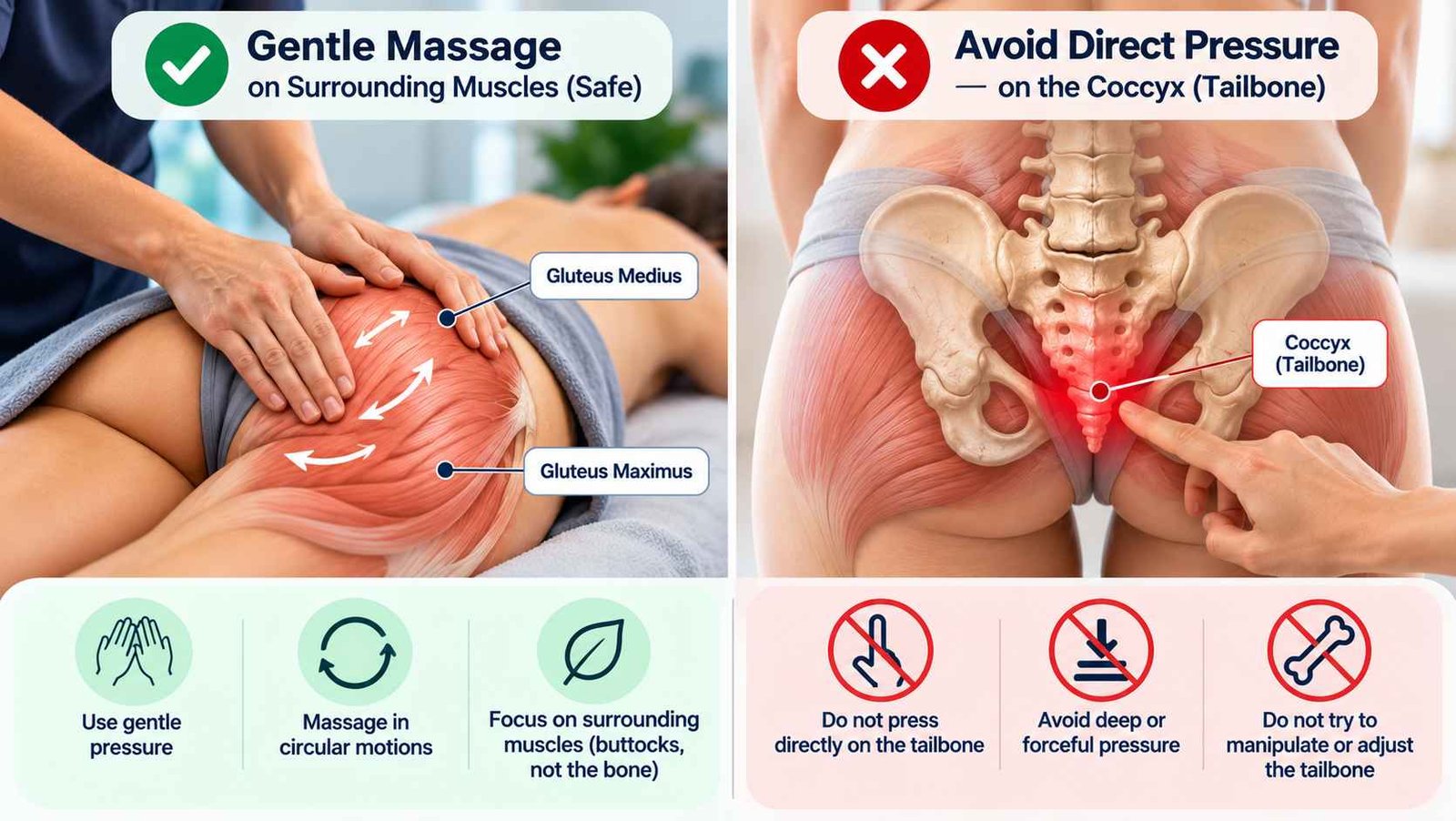 Safe tailbone massage techniques showing gentle gluteal muscle massage and areas to avoid direct pressure