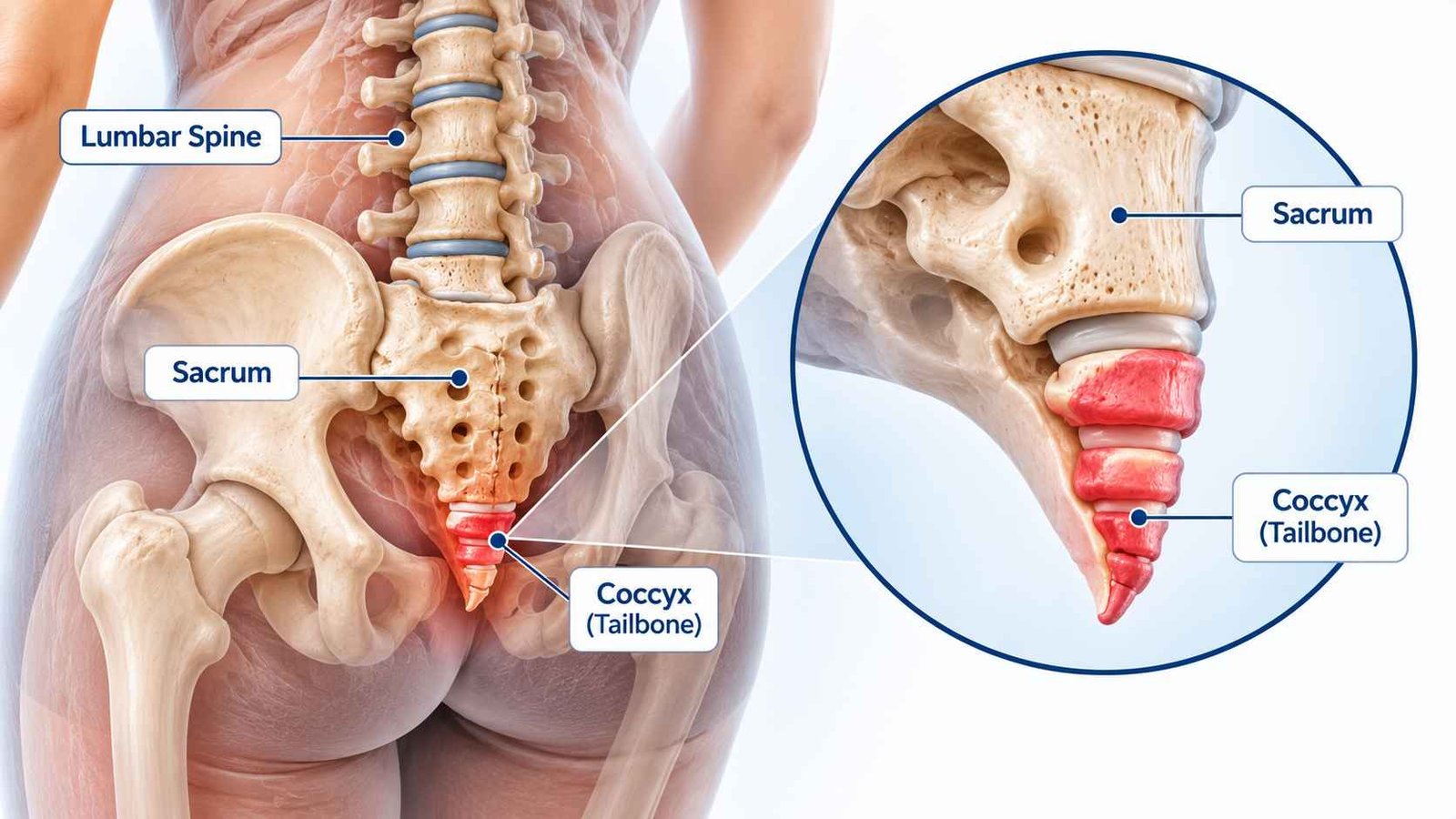 Tailbone surgery anatomy showing the coccyx at the base of the spine