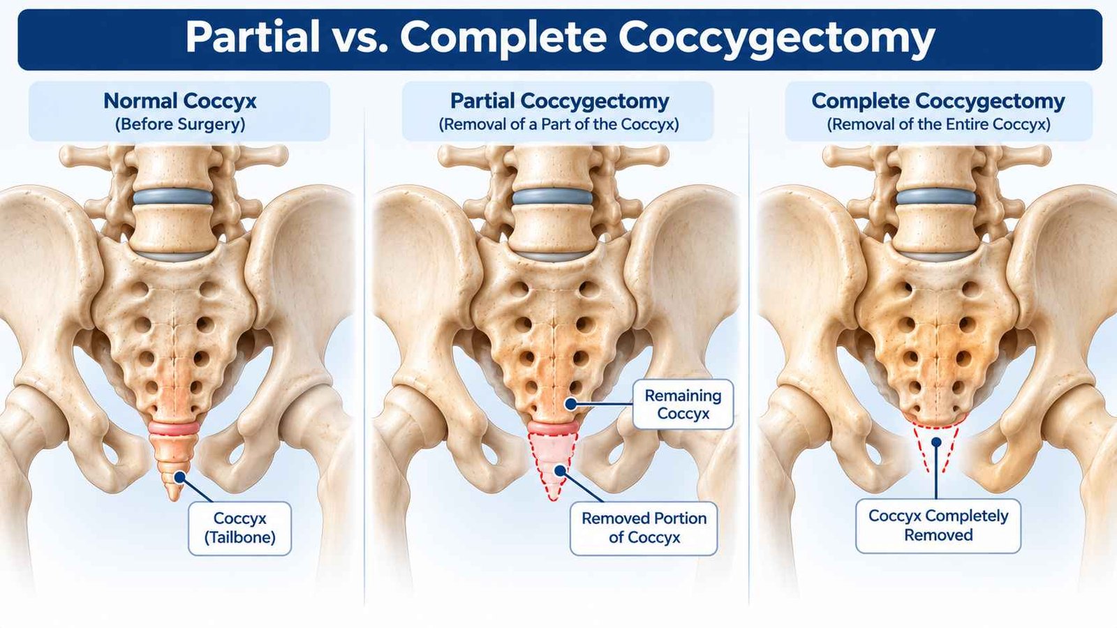 Partial and complete coccygectomy tailbone surgery comparison